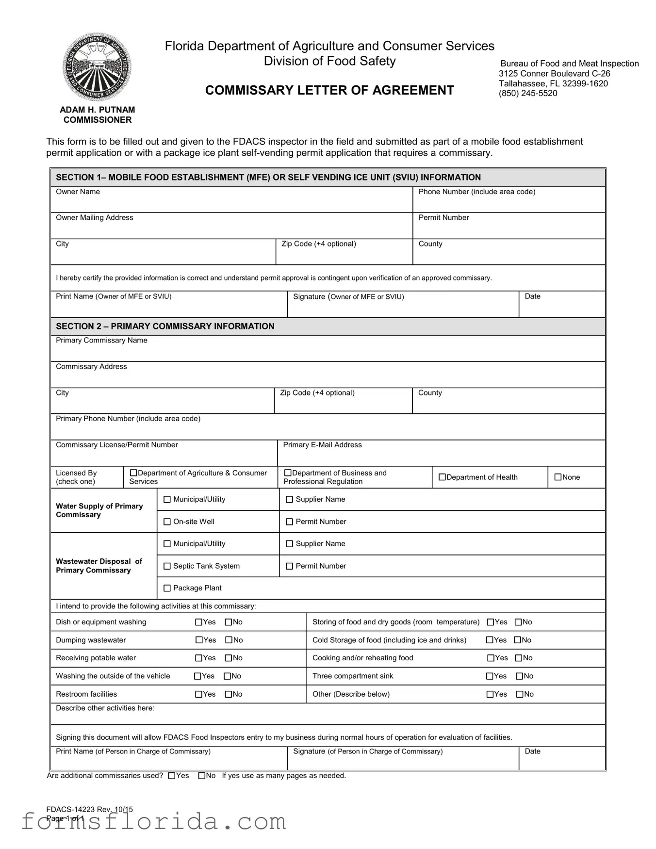 Fill in Your Florida Commissary Letter Of Agreement Form