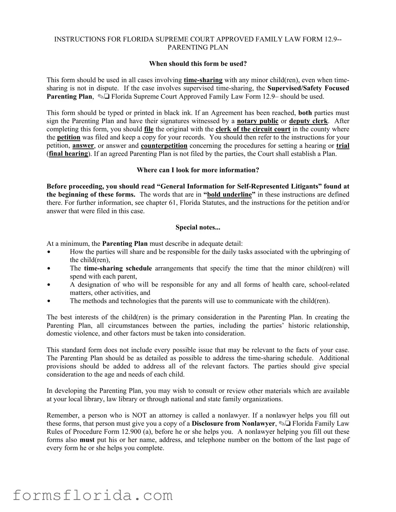 Fill in Your Parenting Plan Examples Florida Form