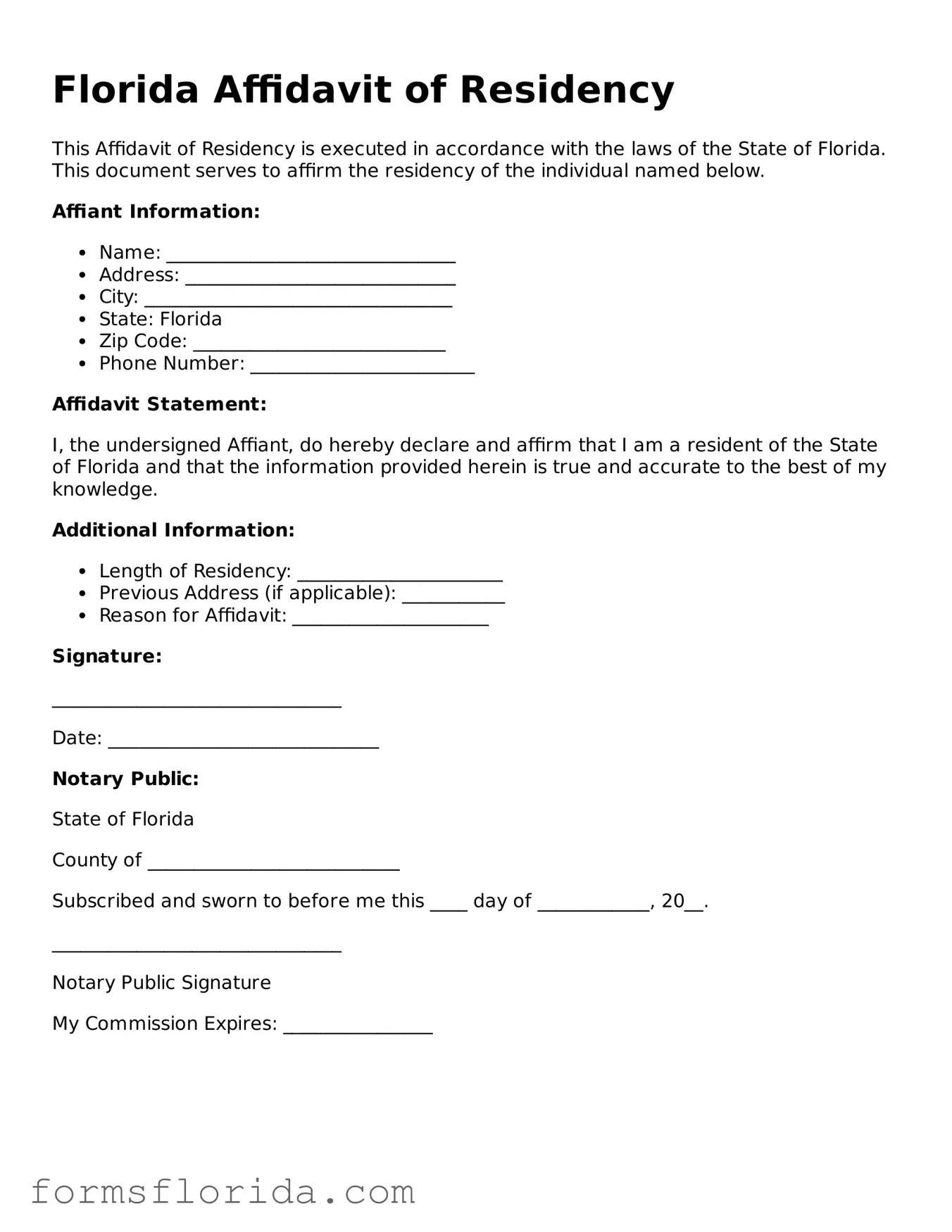 Printable  Affidavit of Residency Document for Florida