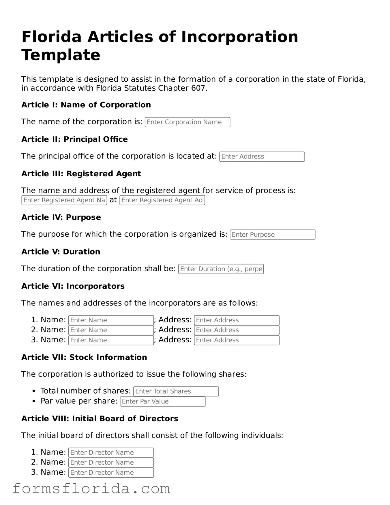 Printable  Articles of Incorporation Document for Florida