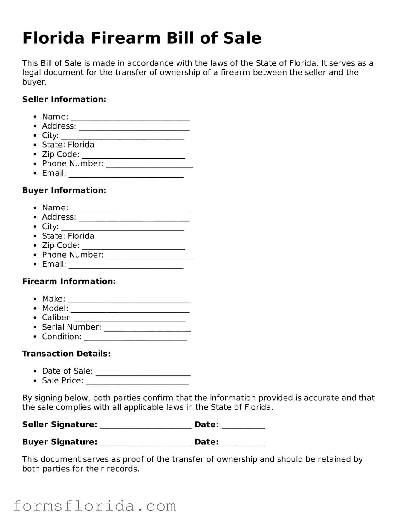 Printable  Firearm Bill of Sale Document for Florida