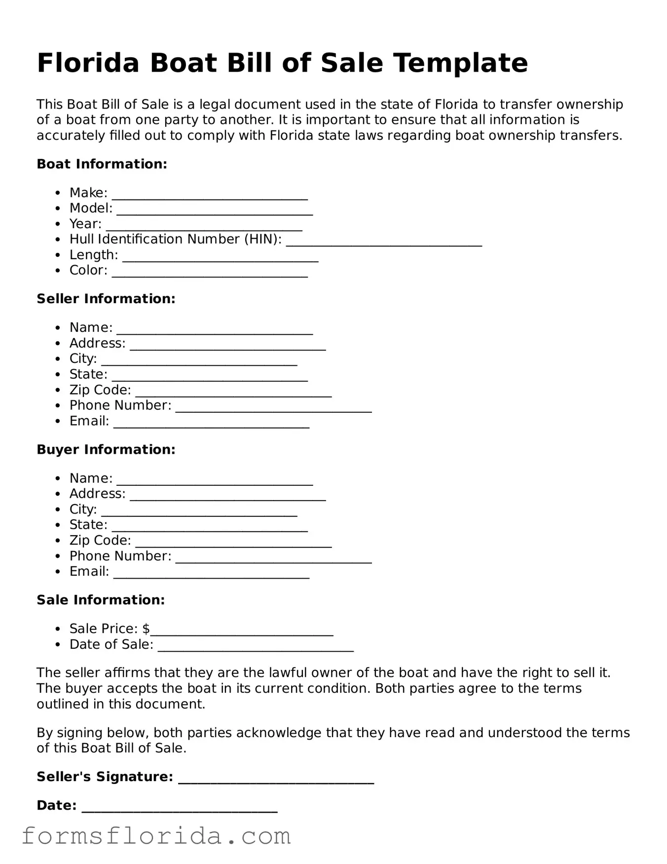 Printable  Boat Bill of Sale Document for Florida