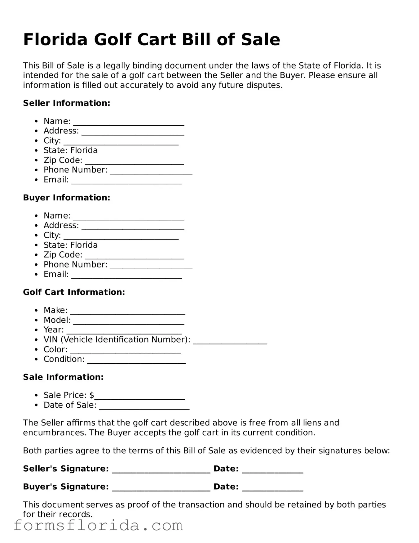 Printable  Golf Cart Bill of Sale Document for Florida