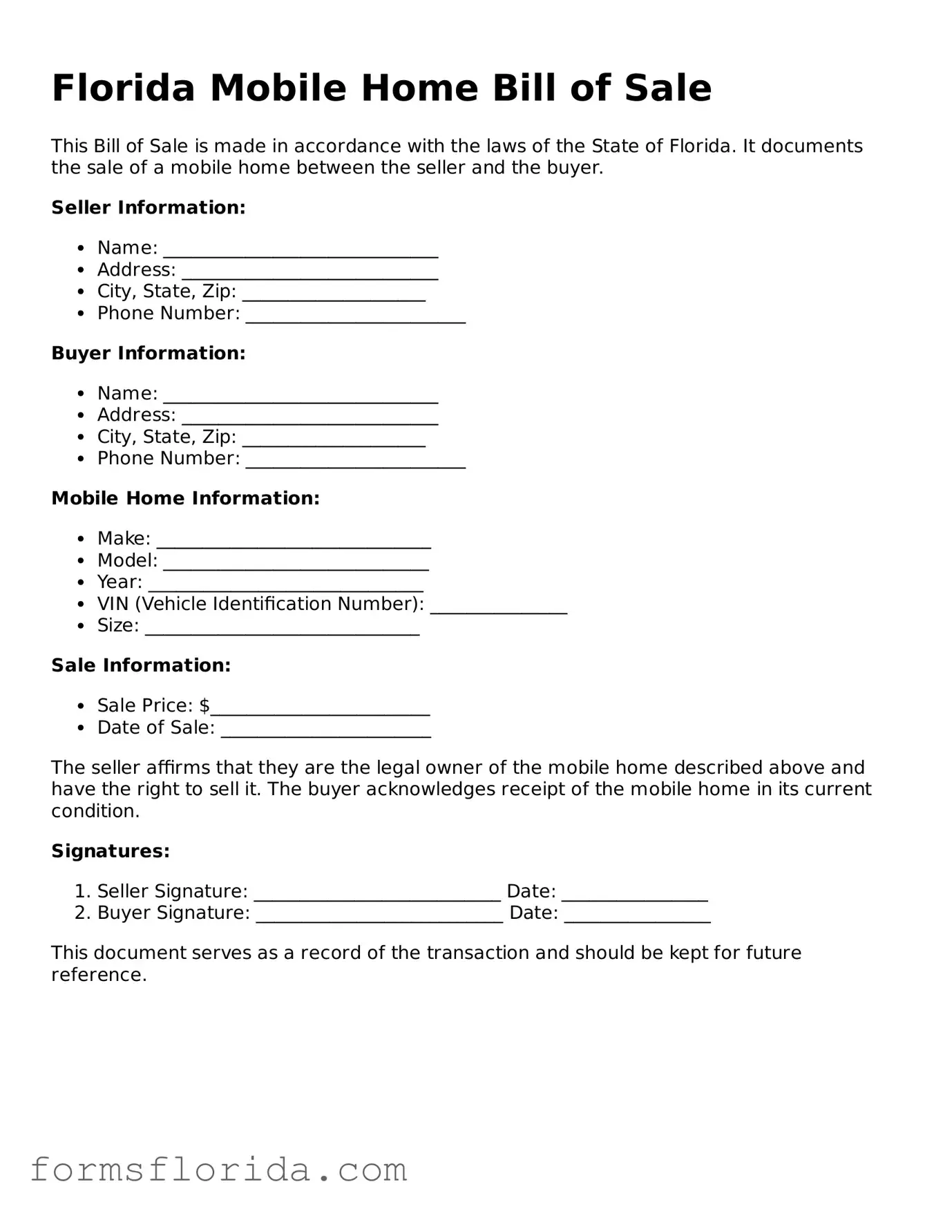 Printable  Mobile Home Bill of Sale Document for Florida