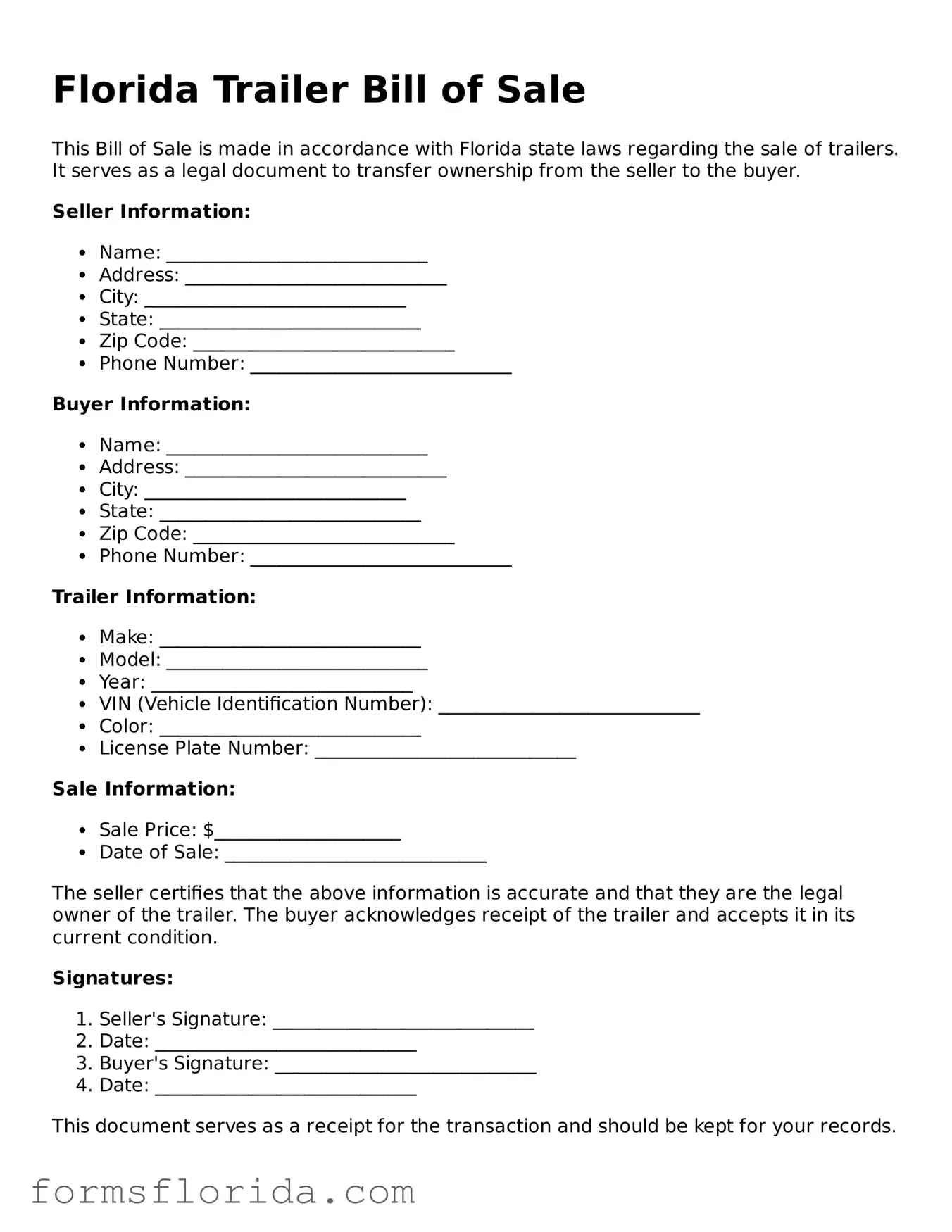 Printable  Trailer Bill of Sale Document for Florida