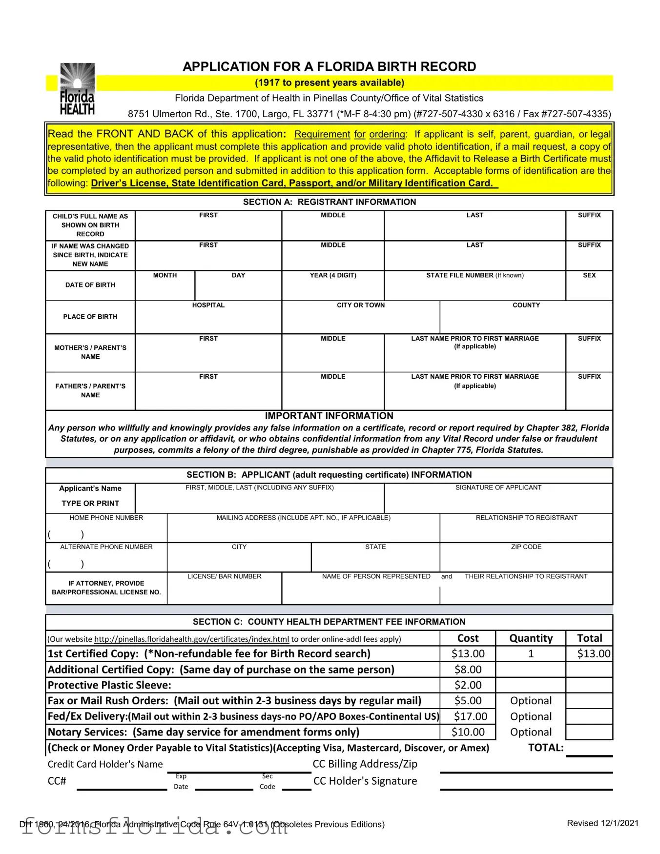 Fill in Your Florida Birth Certificate Form
