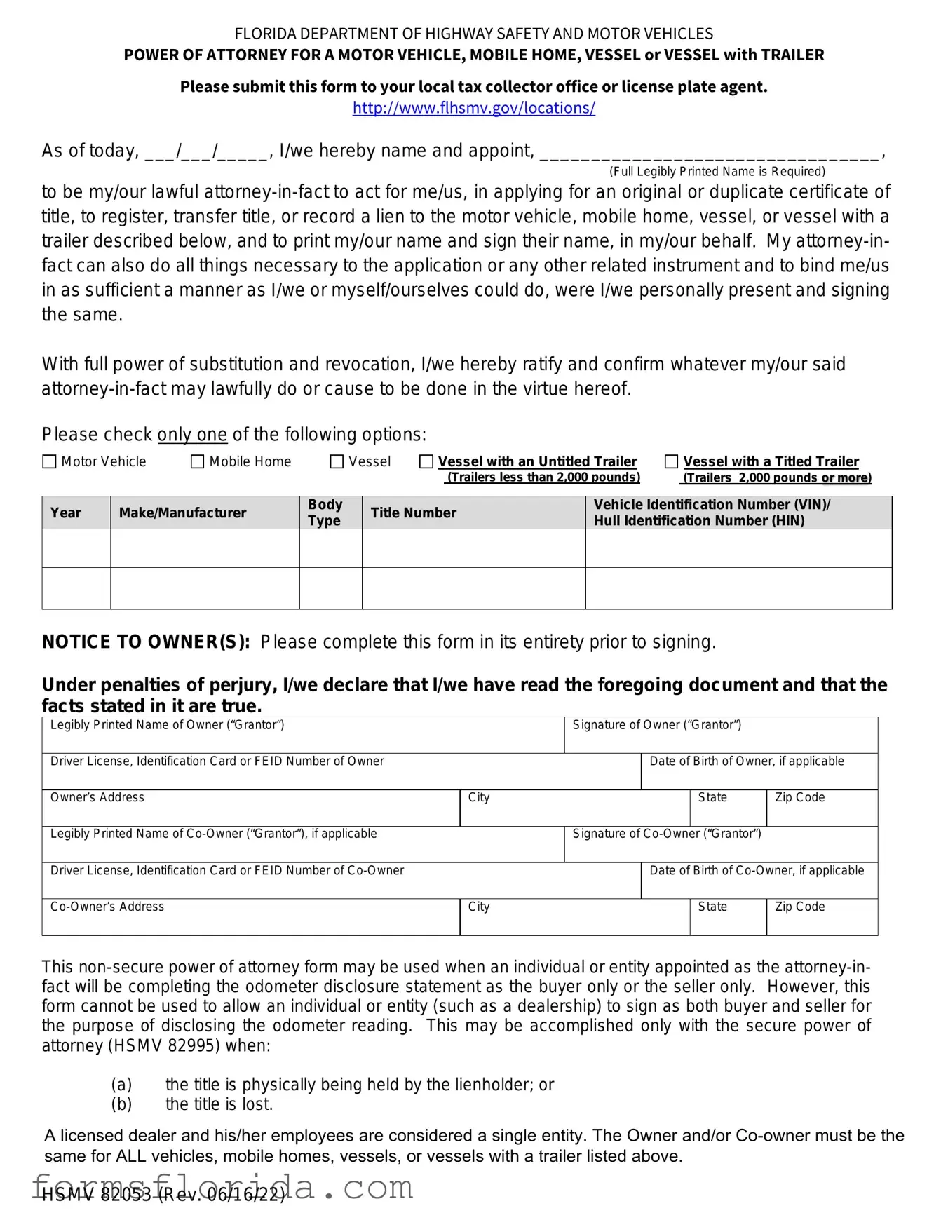Fill in Your Florida Vehicle POA form 82053 Form