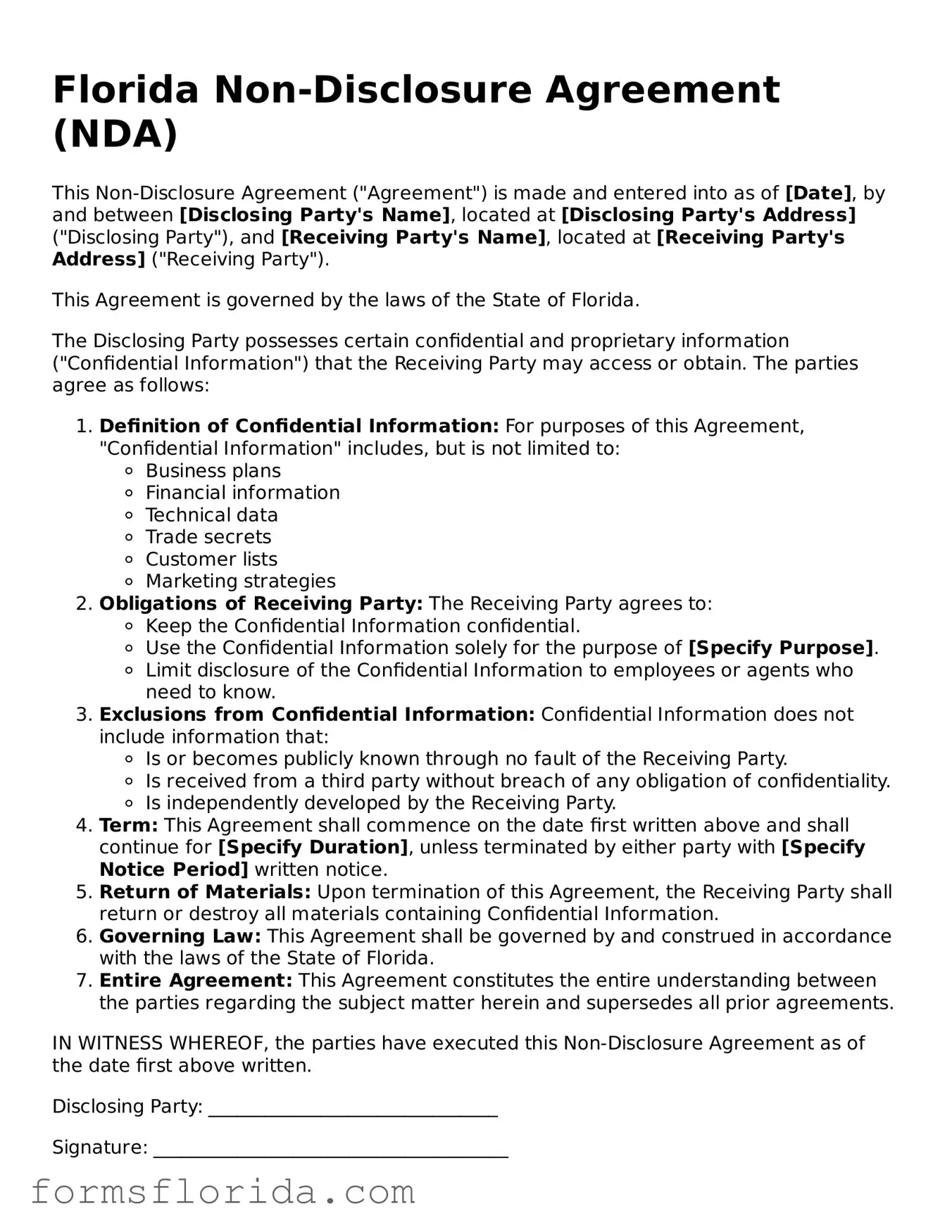 Printable  Non-disclosure Agreement Document for Florida