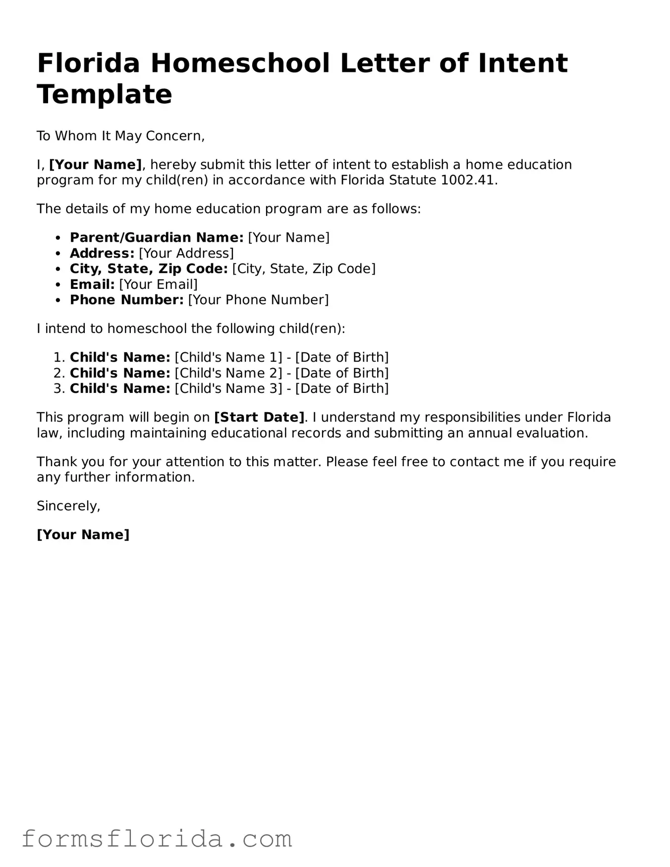 Printable  Homeschool Letter of Intent Document for Florida