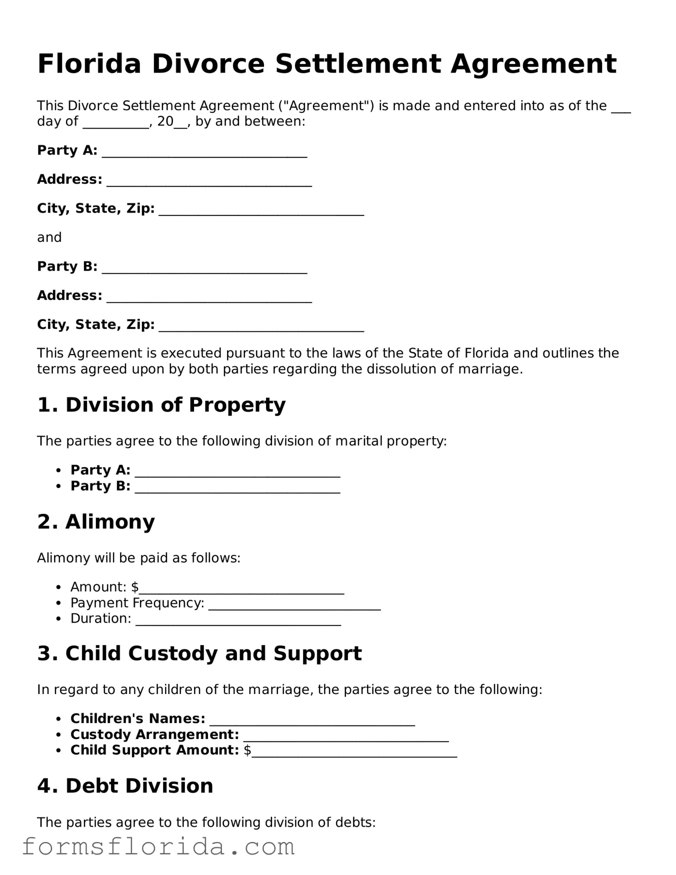 Printable  Divorce Settlement Agreement Document for Florida