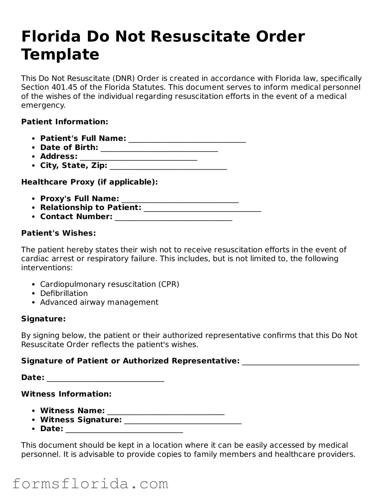 Printable  Do Not Resuscitate Order Document for Florida