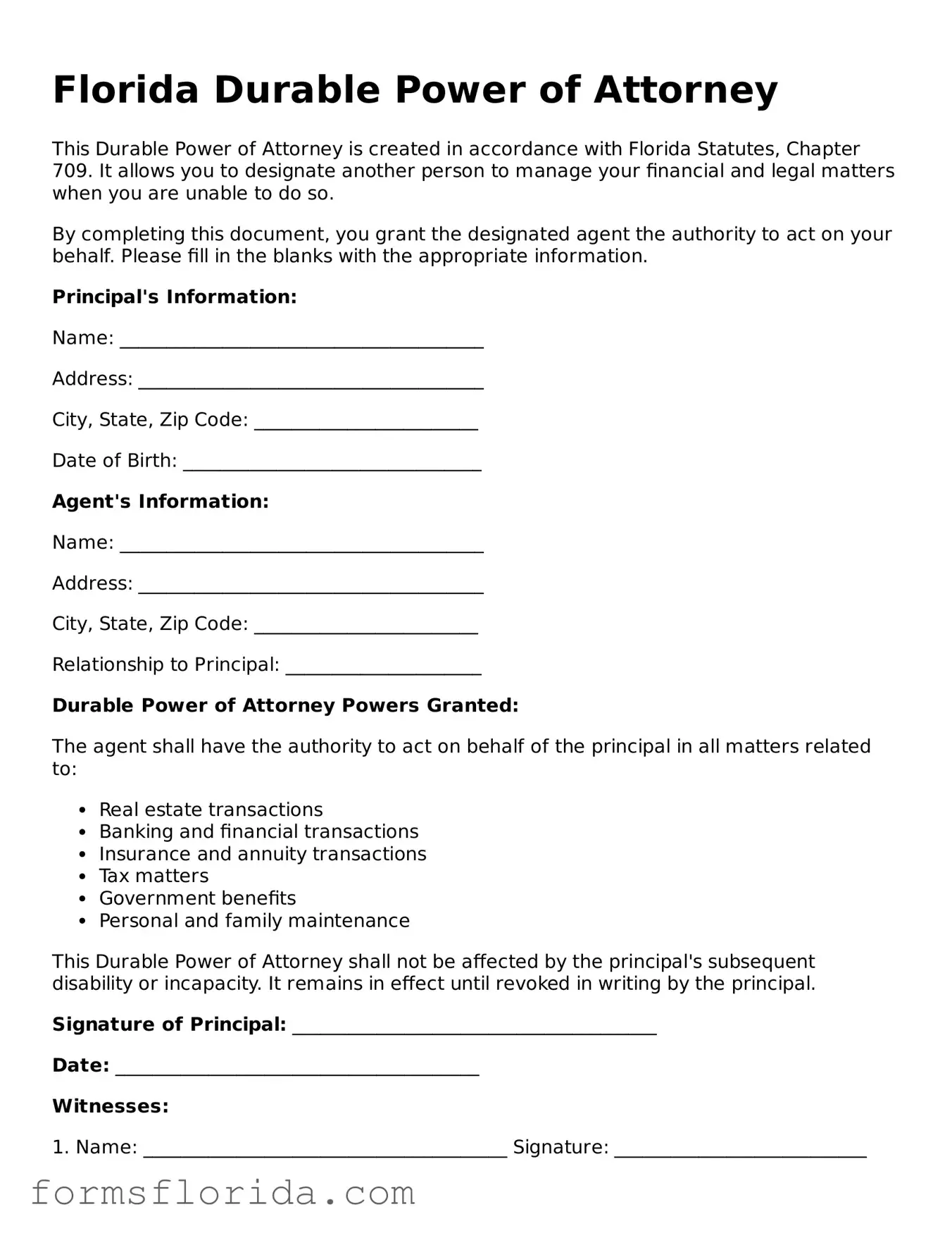 Printable  Durable Power of Attorney Document for Florida
