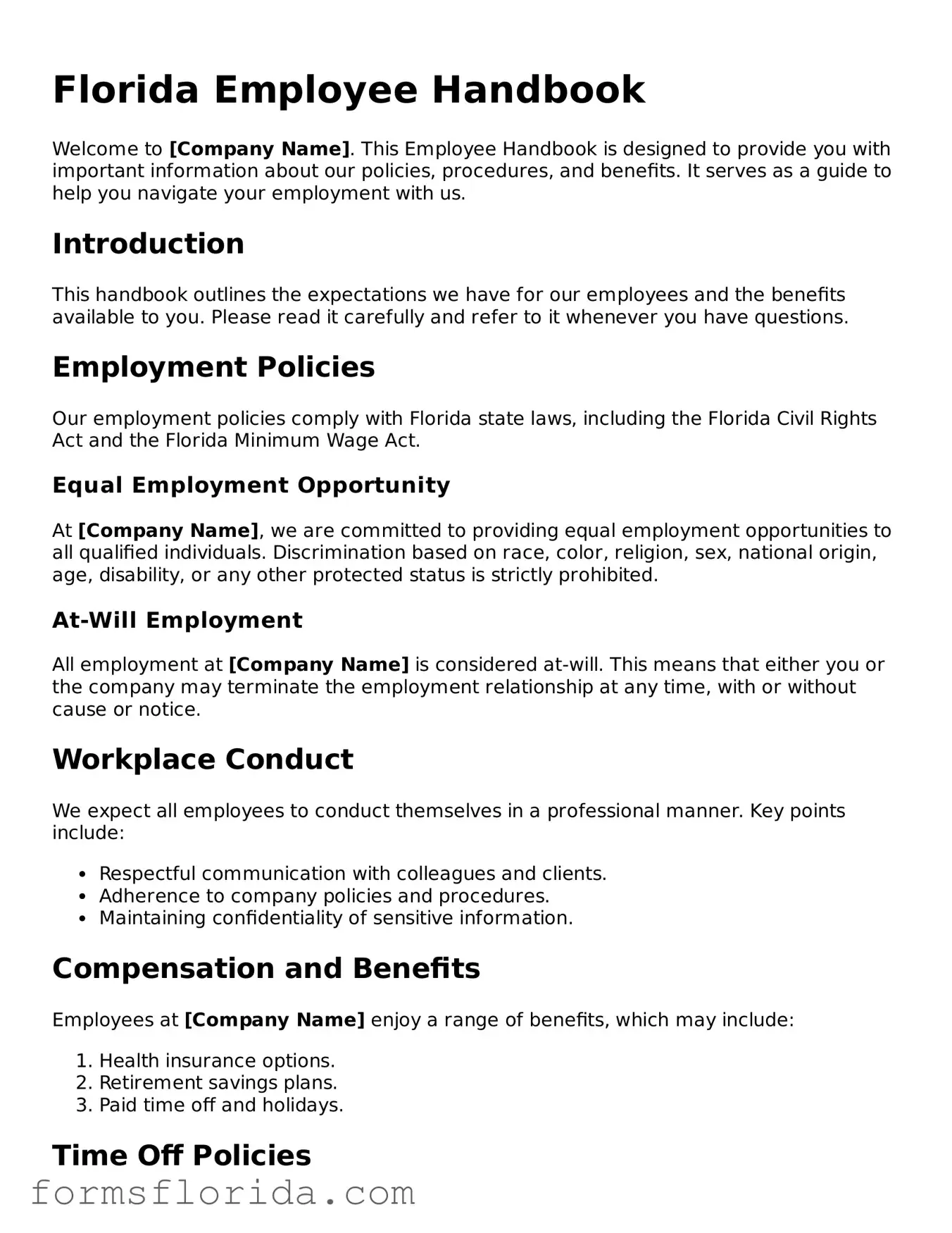 Printable  Employee Handbook Document for Florida