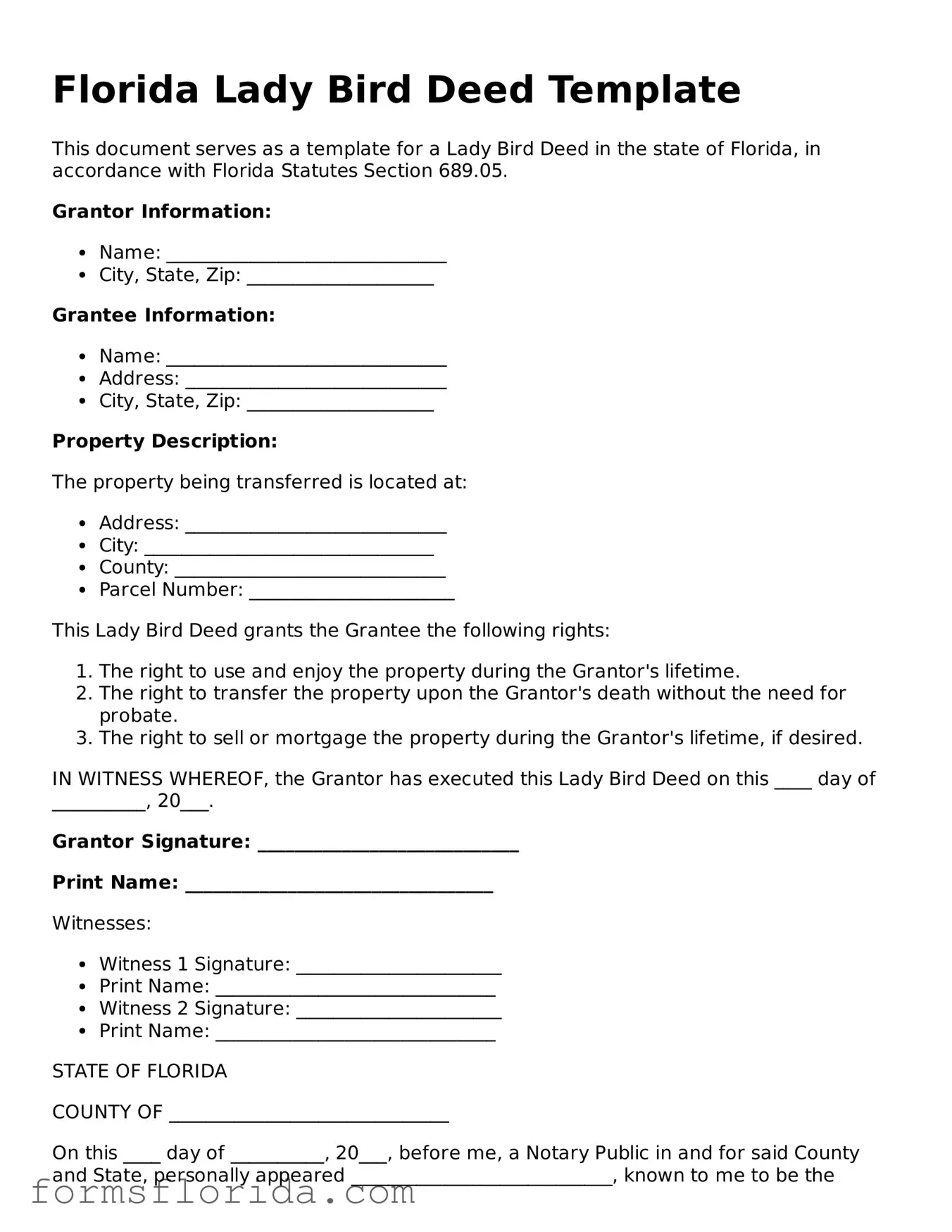 Printable  Lady Bird Deed Document for Florida