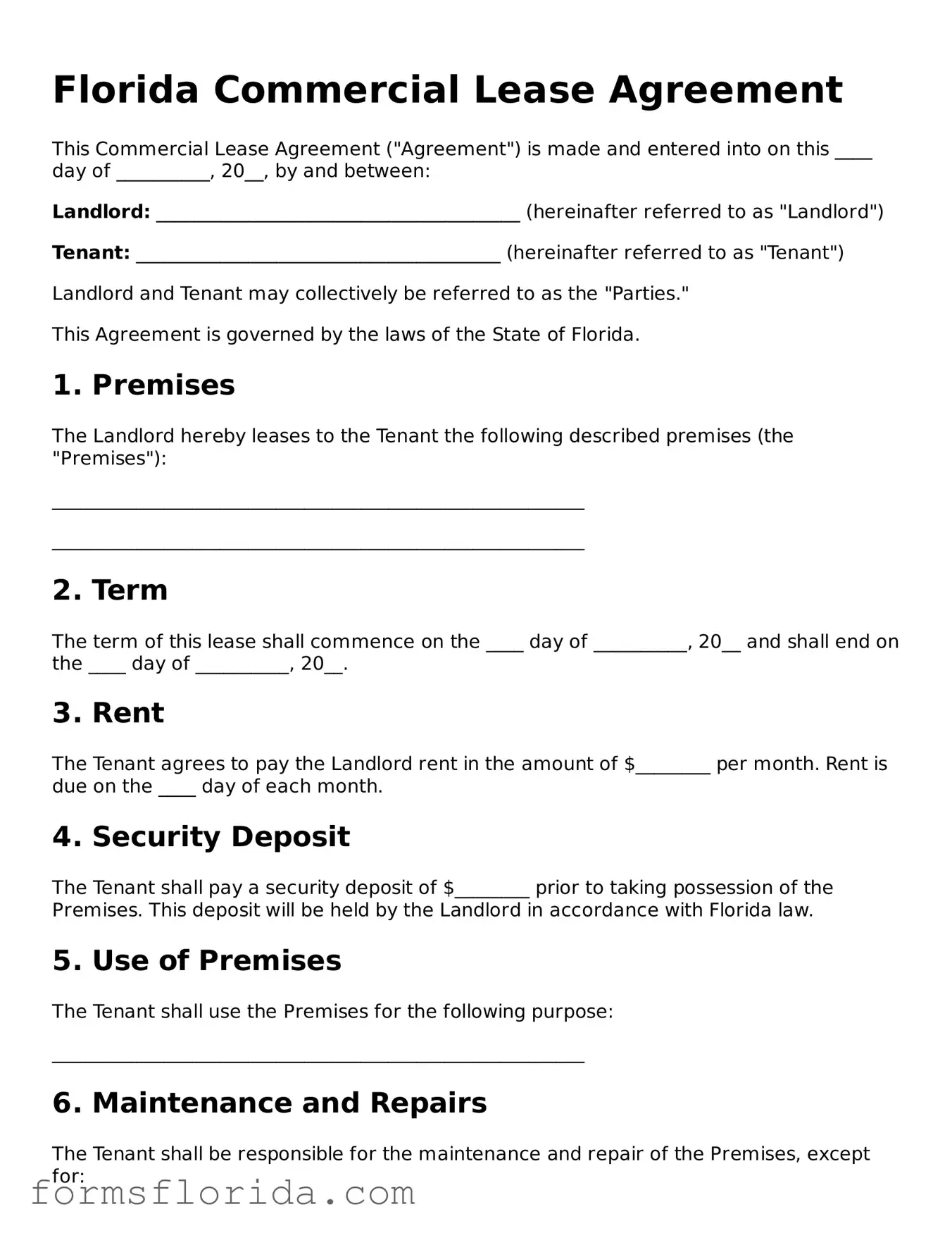Printable  Commercial Lease Agreement Document for Florida