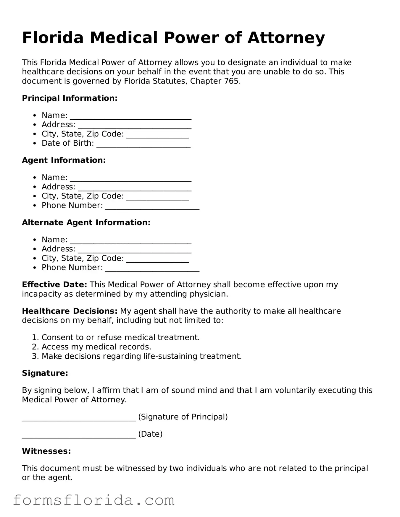 Printable  Medical Power of Attorney Document for Florida