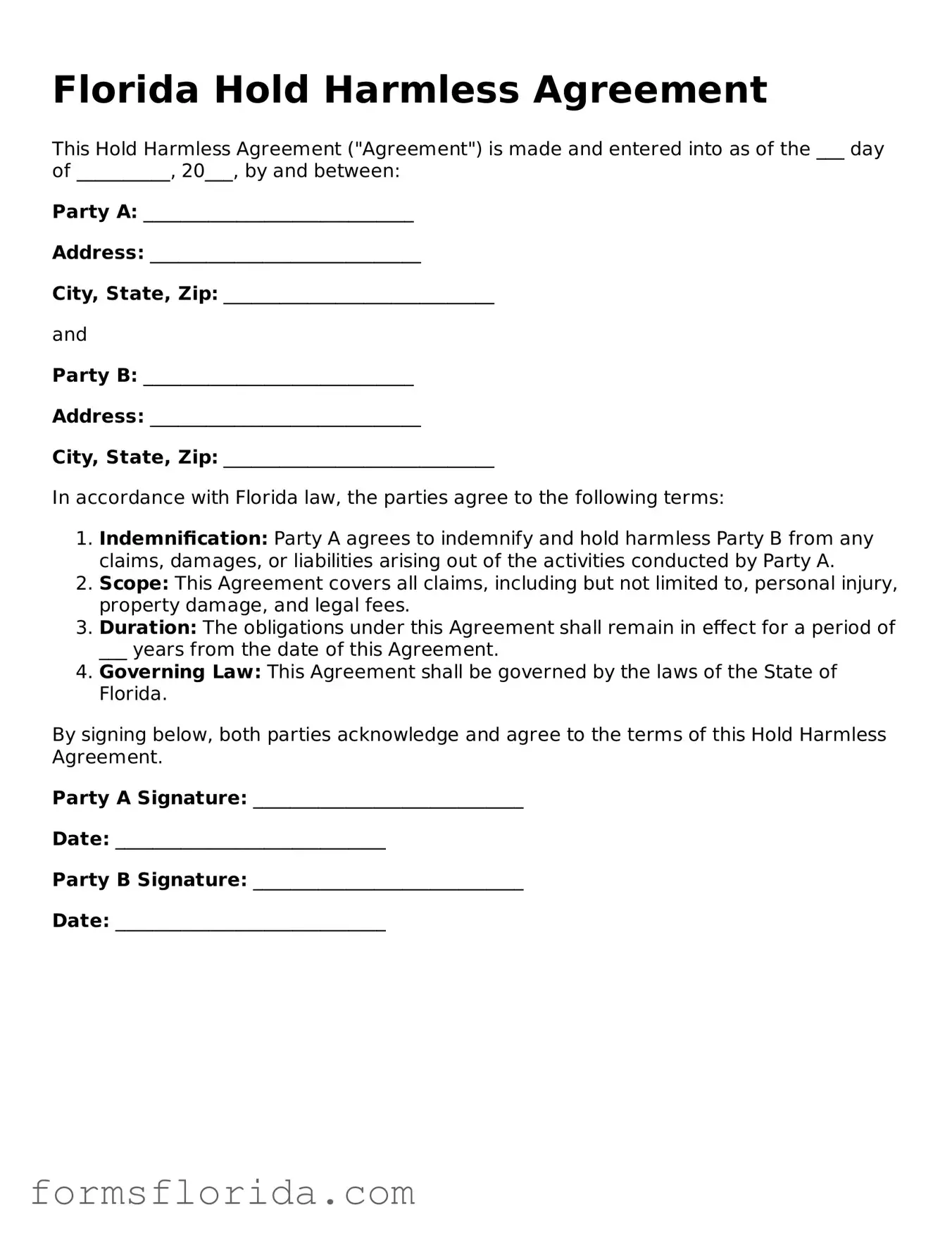 Printable  Hold Harmless Agreement Document for Florida