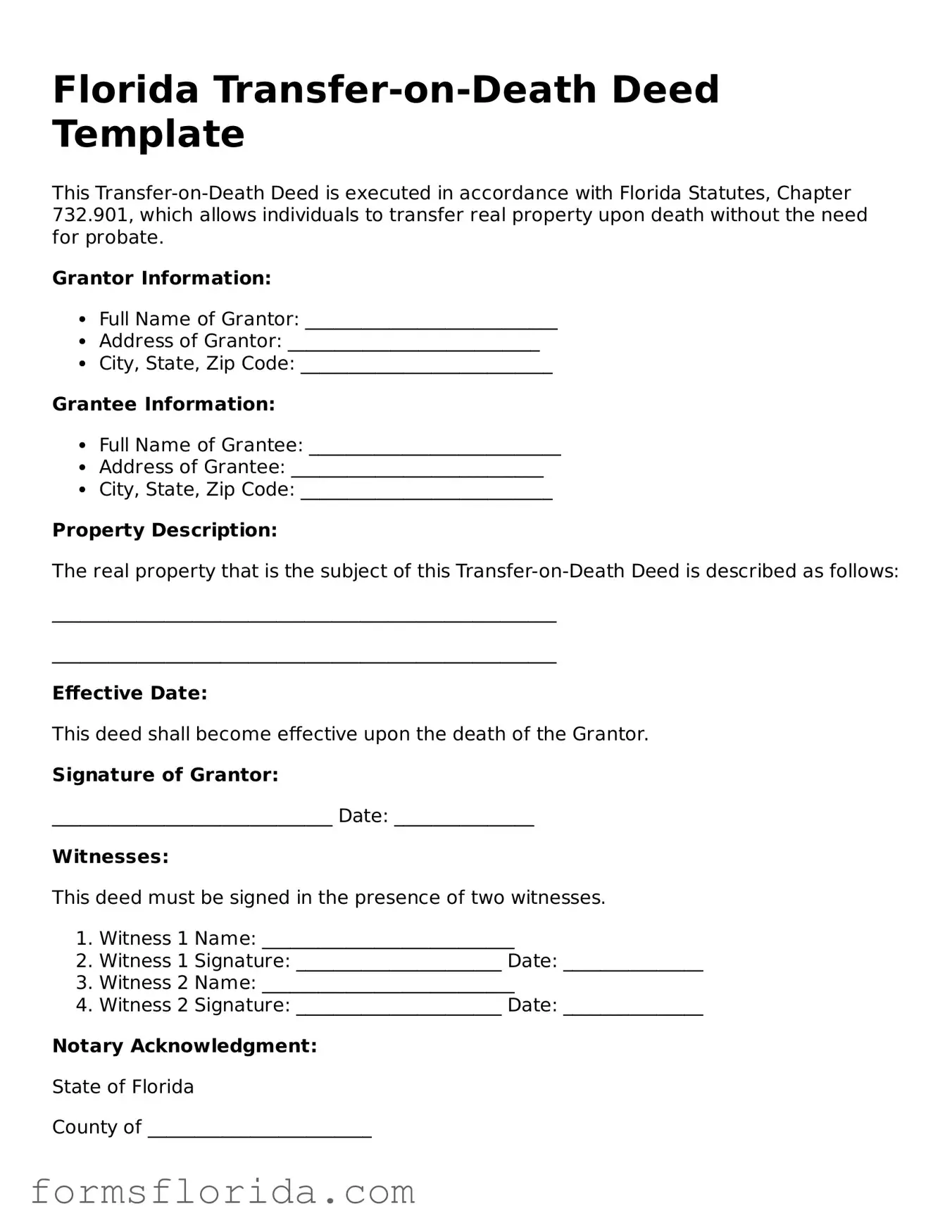 Printable  Transfer-on-Death Deed Document for Florida