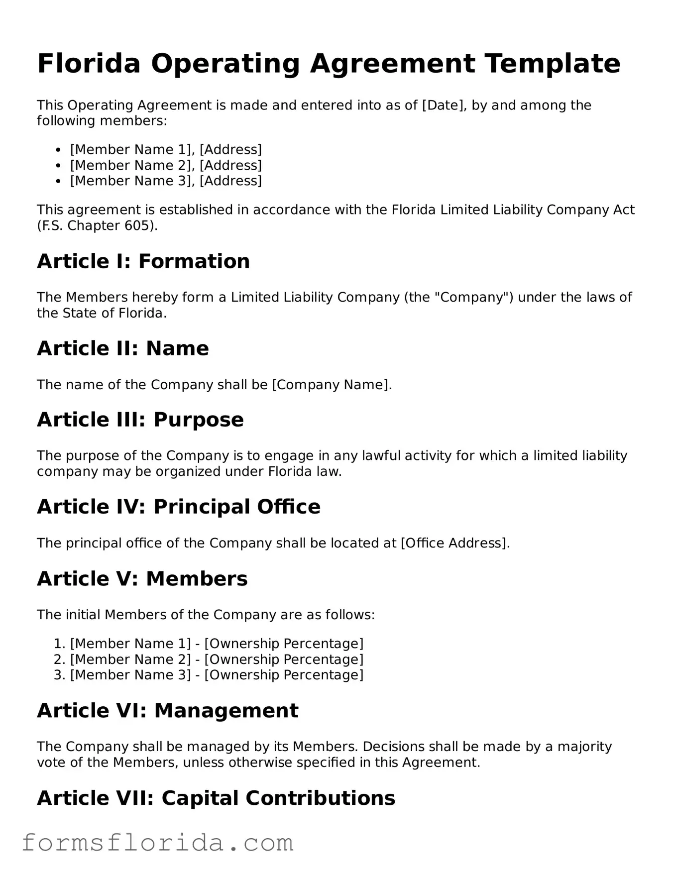 Printable  Operating Agreement Document for Florida