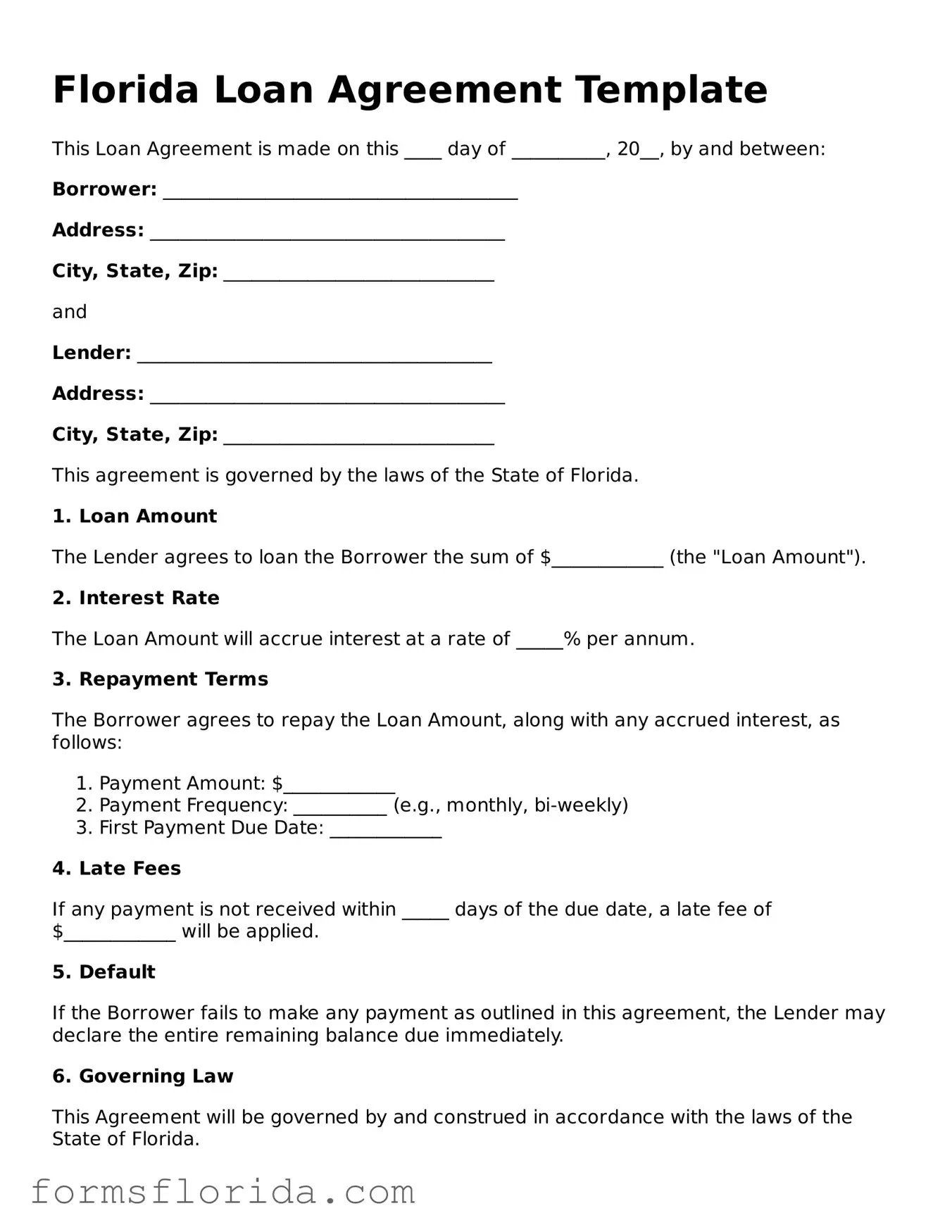 Printable  Loan Agreement Document for Florida