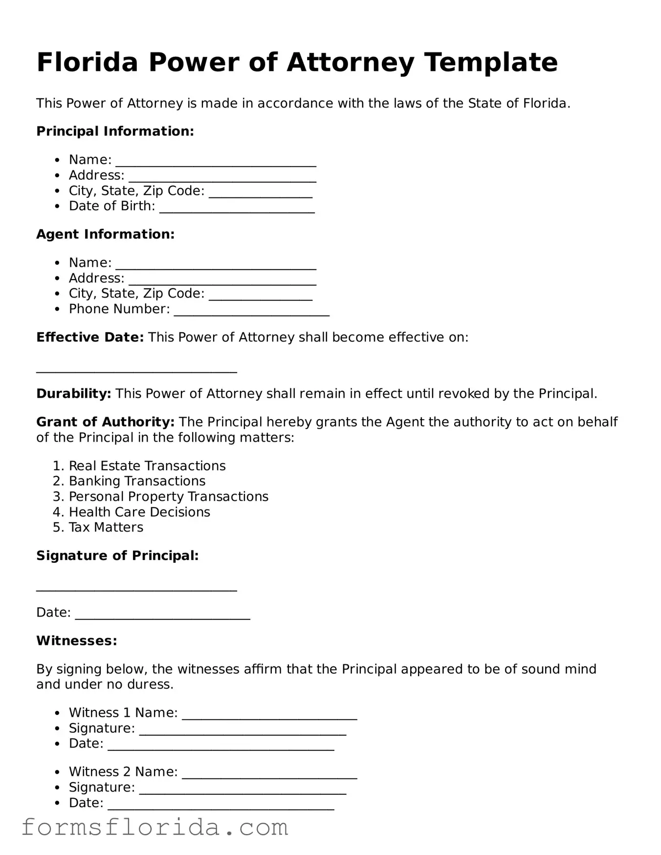 Printable  Power of Attorney Document for Florida