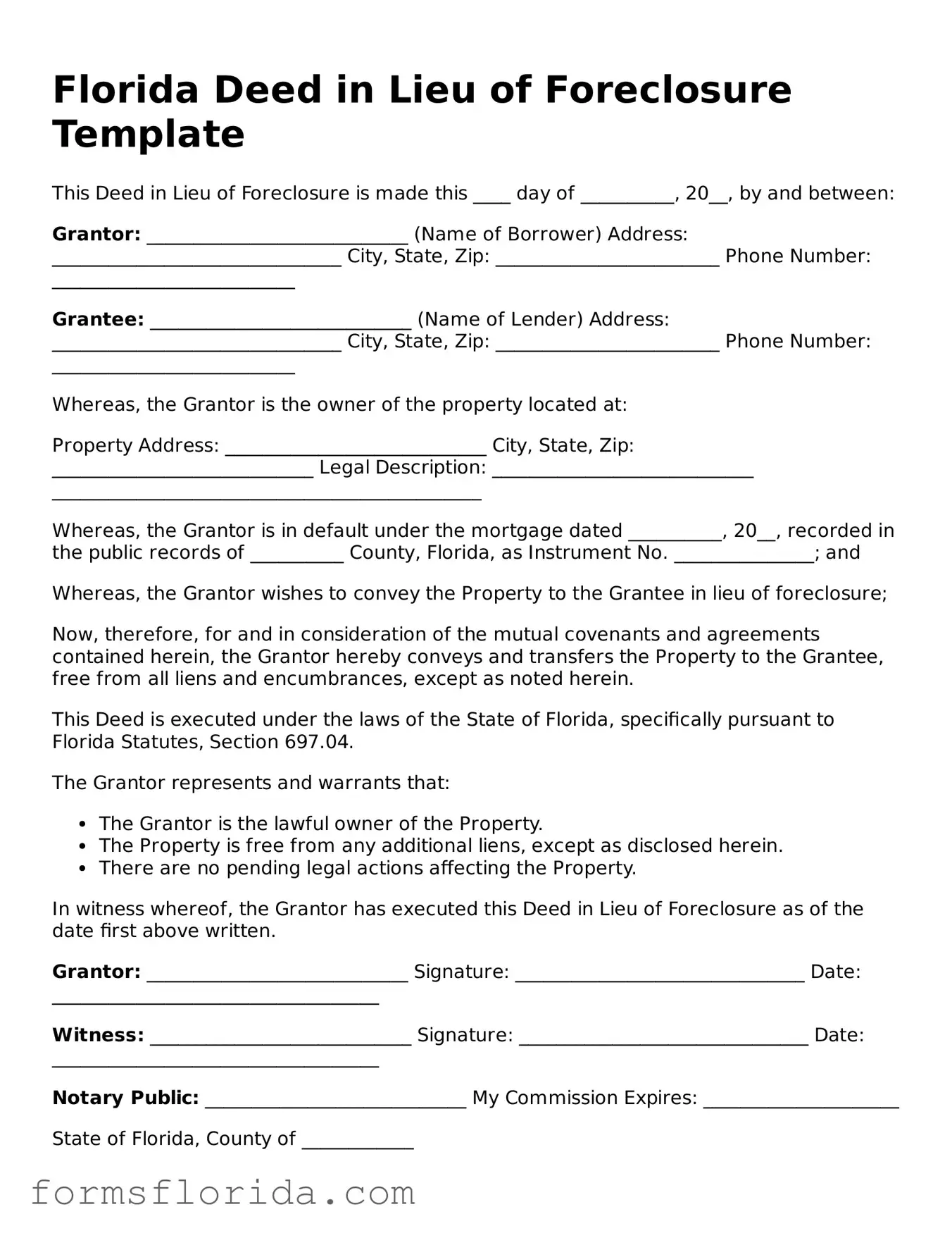Printable  Deed in Lieu of Foreclosure Document for Florida