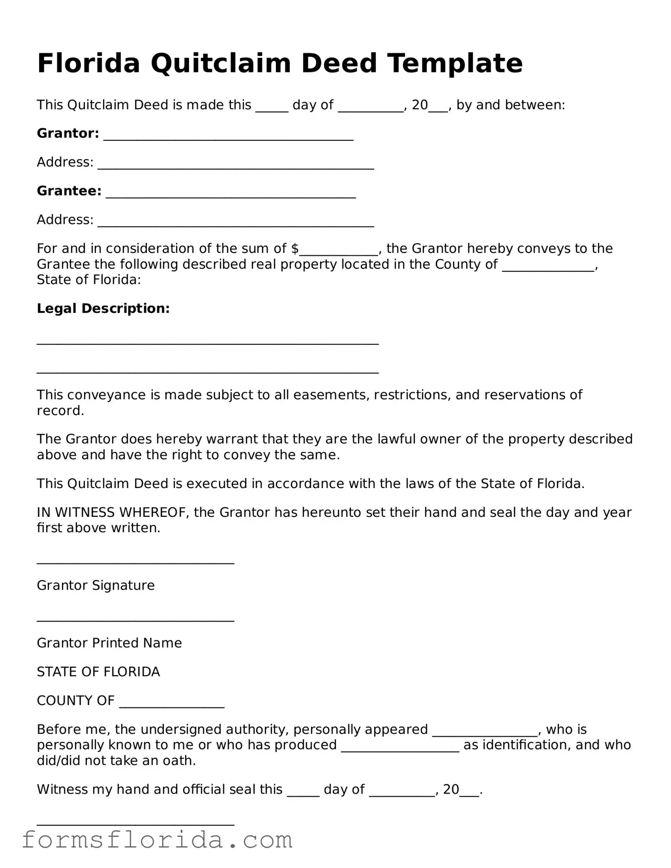 Printable  Quitclaim Deed Document for Florida
