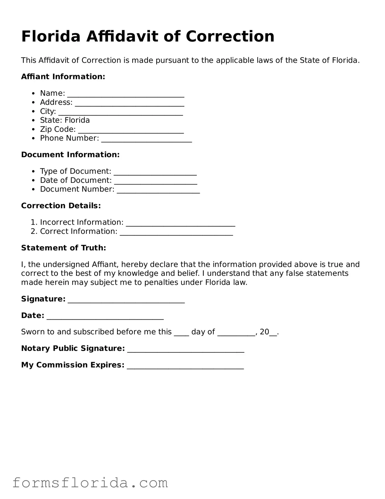 Printable  Affidavit of Correction Document for Florida