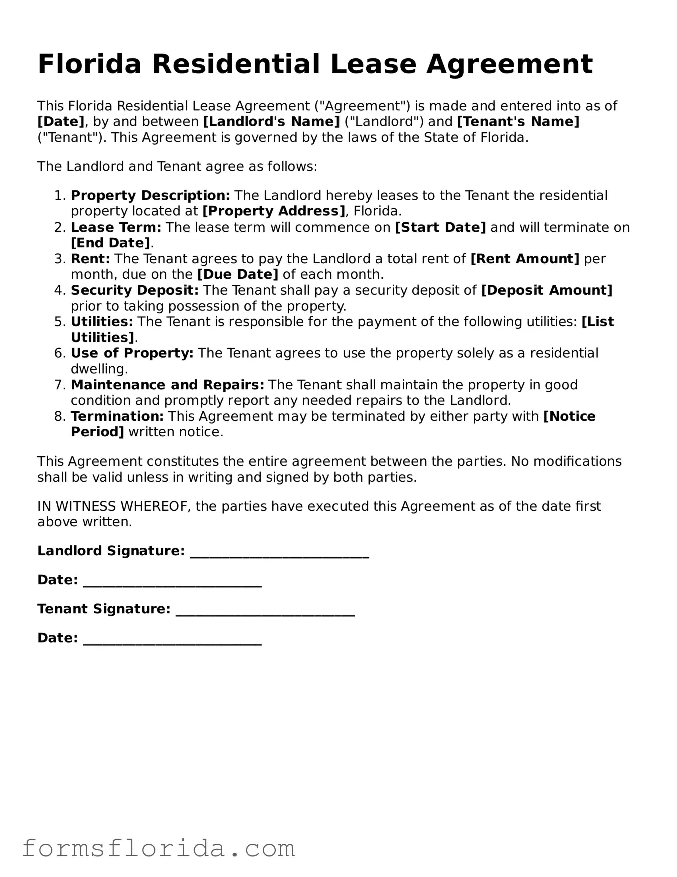 Printable  Residential Lease Agreement Document for Florida