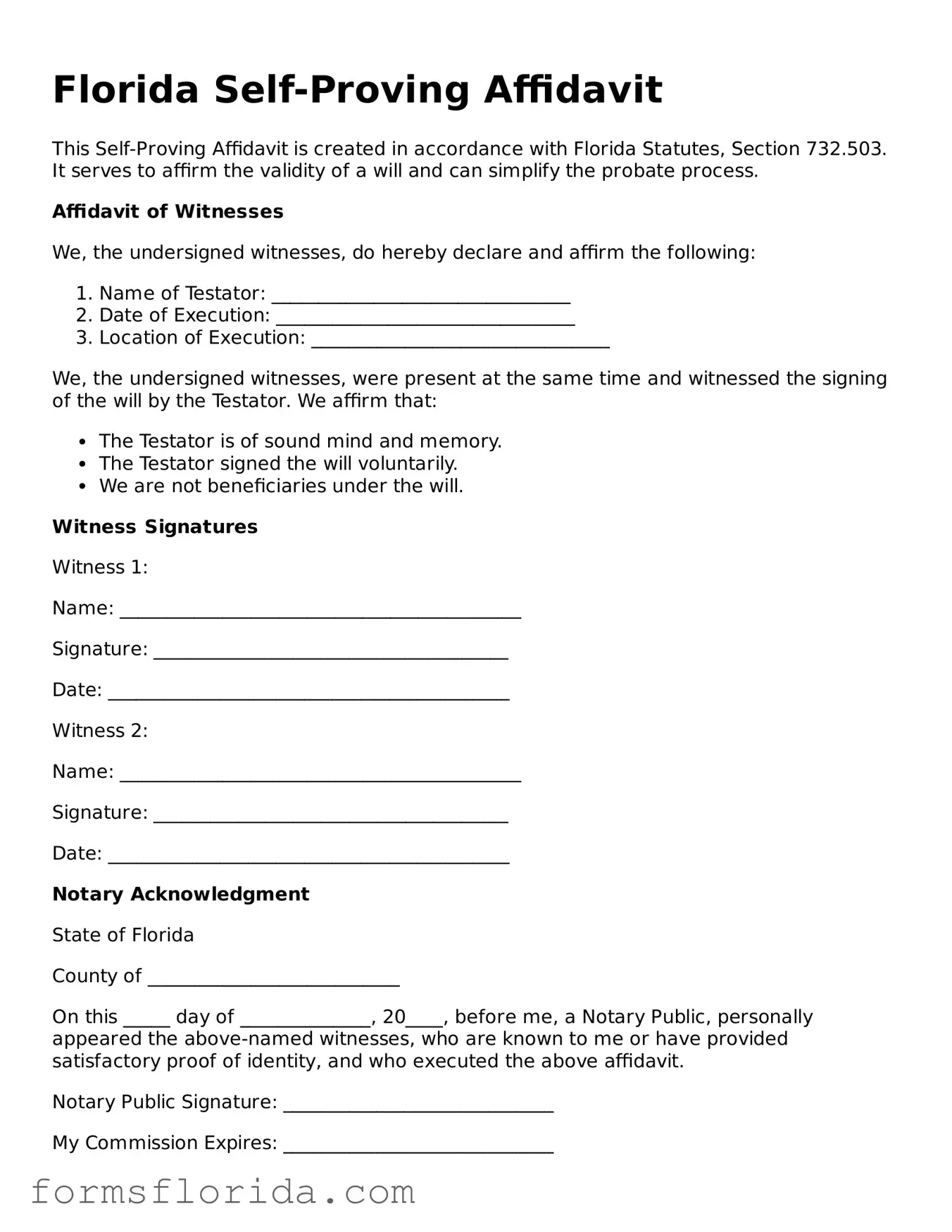 Printable  Self-Proving Affidavit Document for Florida