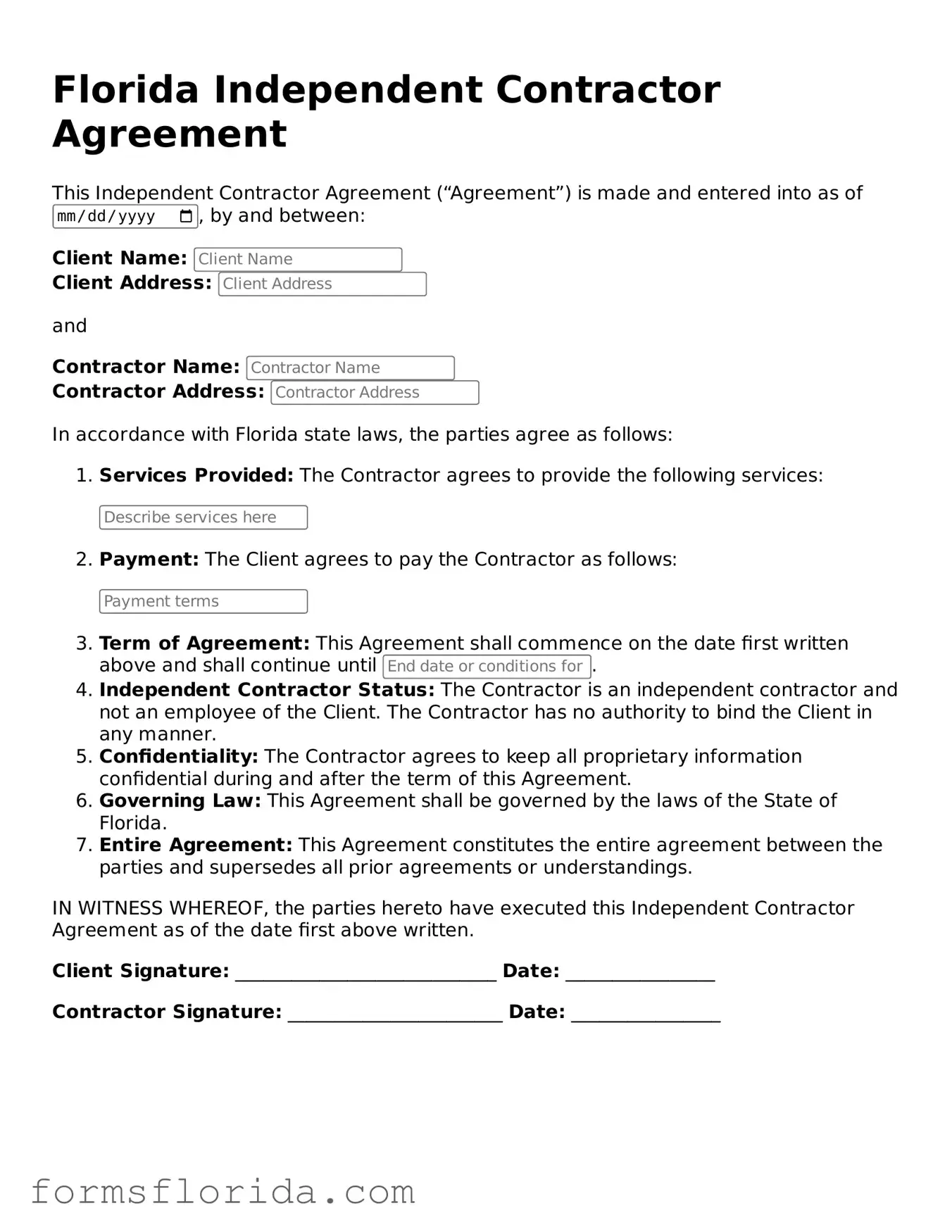 Printable  Independent Contractor Agreement Document for Florida
