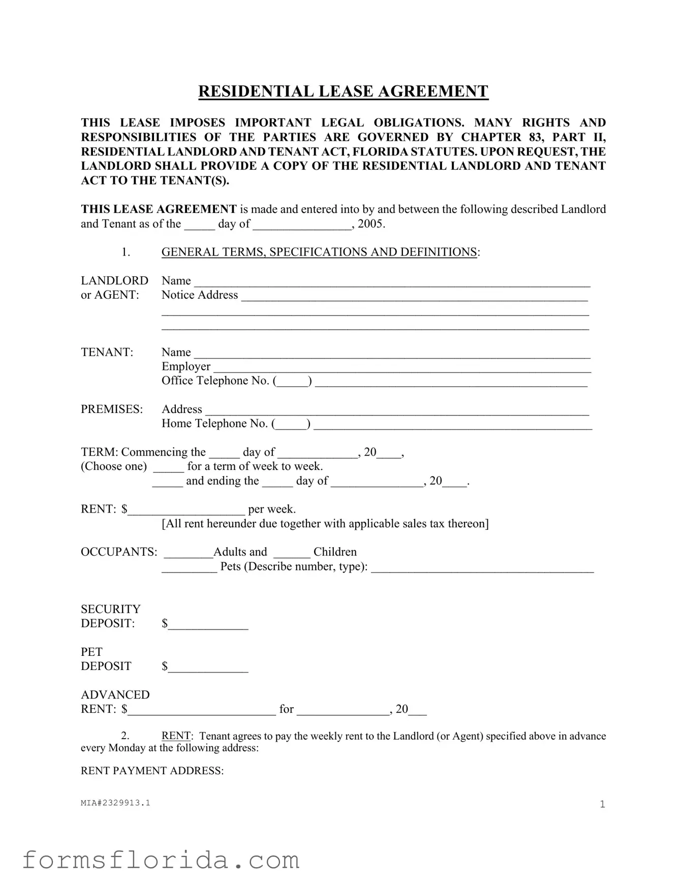 Fill in Your Florida Residential Agreement Form