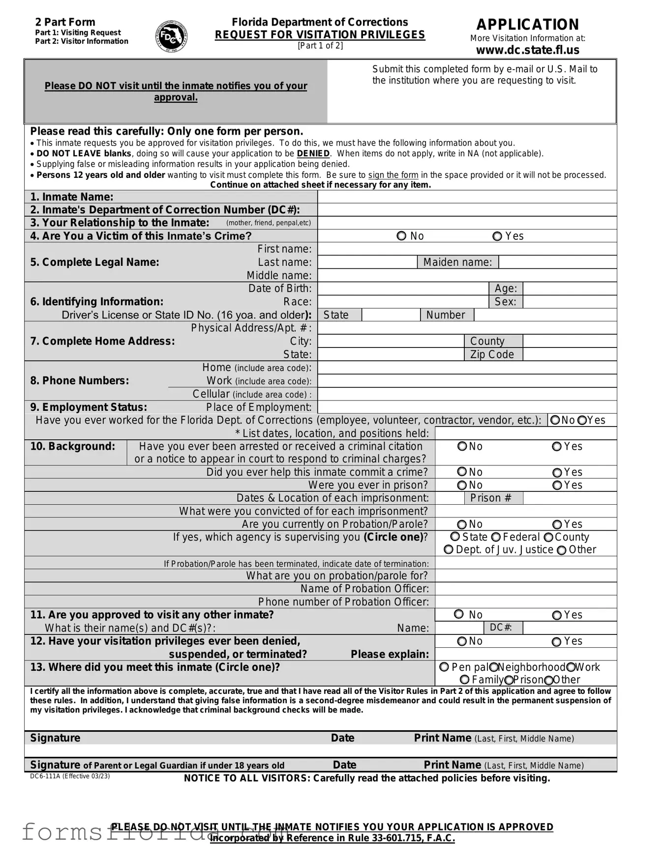Fill in Your Department Of Corrections Visitation Florida Form