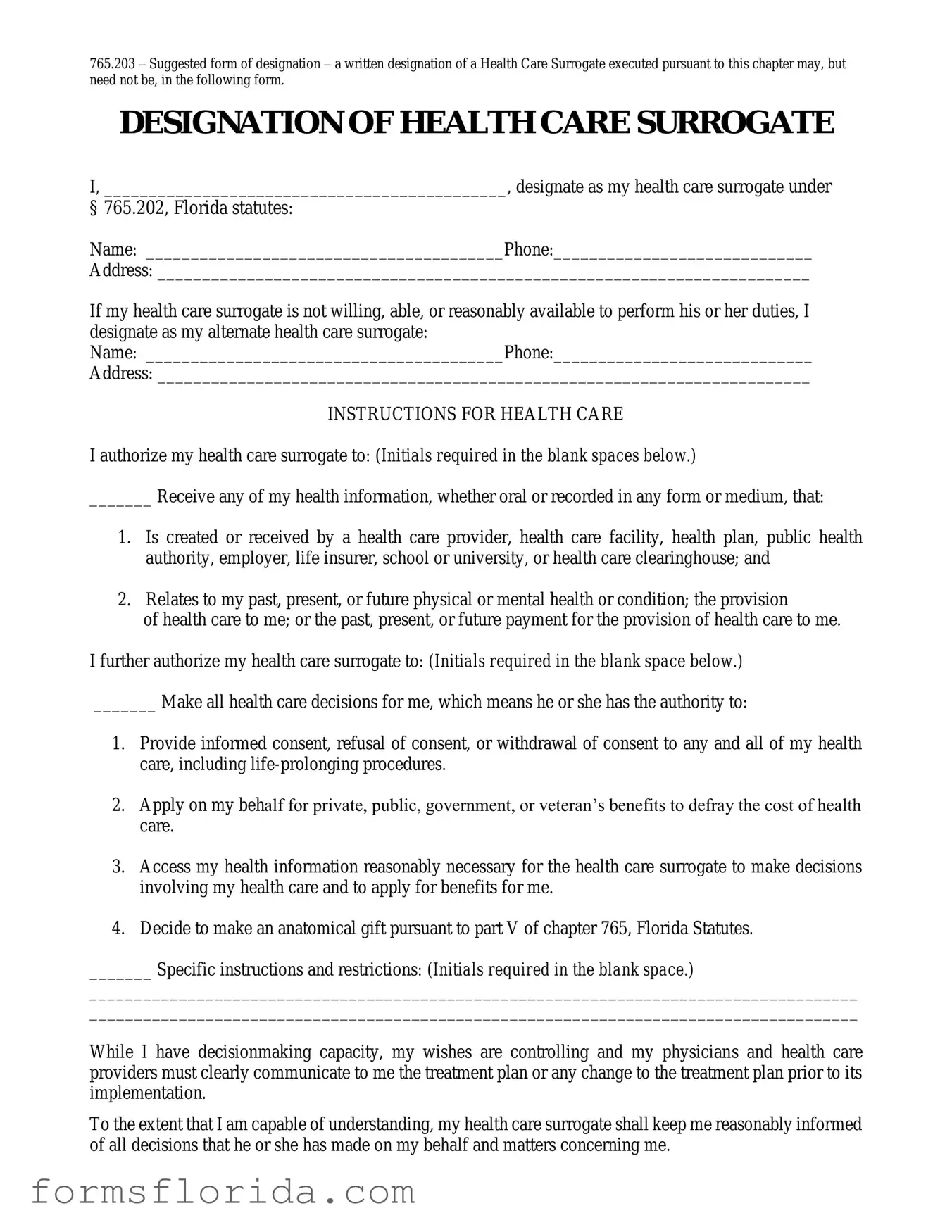 Fill in Your Florida Health Care Surrogate Form