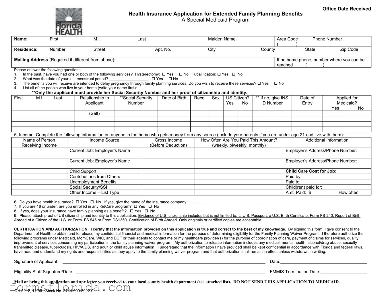 Fill in Your Florida Dh 3212 Form