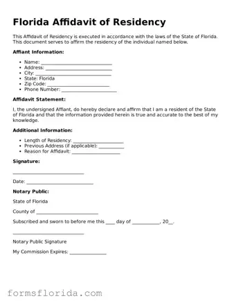 Printable  Affidavit of Residency Document for Florida