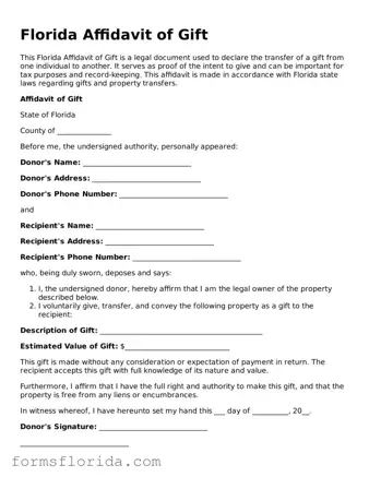 Printable  Affidavit of Gift Document for Florida