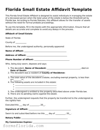 Printable  Small Estate Affidavit Document for Florida
