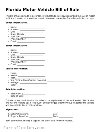 Printable  Motor Vehicle Bill of Sale Document for Florida