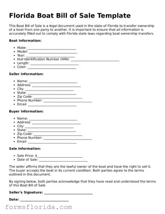 Printable  Boat Bill of Sale Document for Florida