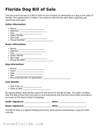 Printable  Dog Bill of Sale Document for Florida