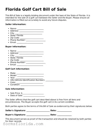 Printable  Golf Cart Bill of Sale Document for Florida