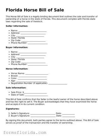 Printable  Horse Bill of Sale Document for Florida