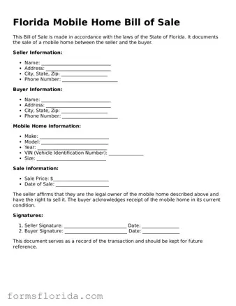 Printable  Mobile Home Bill of Sale Document for Florida