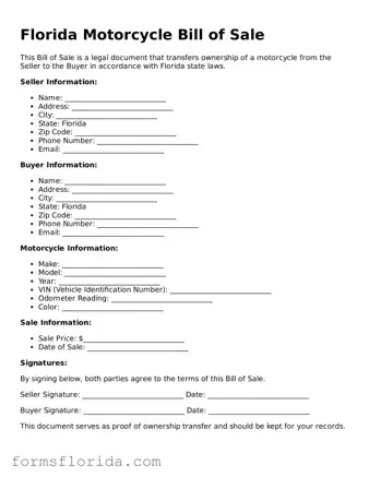 Printable  Motorcycle Bill of Sale Document for Florida