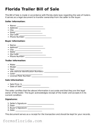 Printable  Trailer Bill of Sale Document for Florida