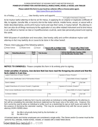 Fill in Your Florida Vehicle POA form 82053 Form