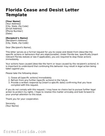 Printable  Cease and Desist Letter Document for Florida