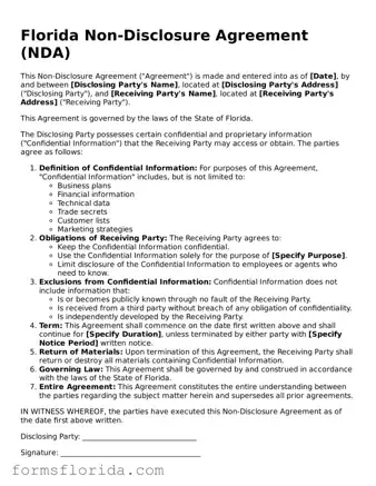 Printable  Non-disclosure Agreement Document for Florida