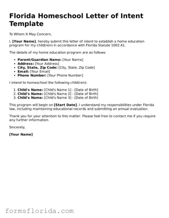 Printable  Homeschool Letter of Intent Document for Florida